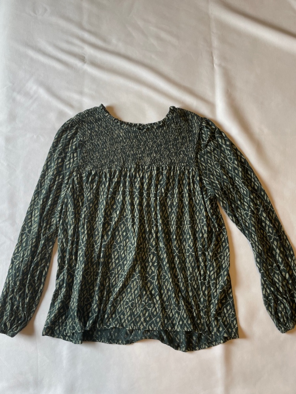 Wonderly Olive and Cream Smocked Yoke Long Sleeve Blouse - Picture 4 of 11